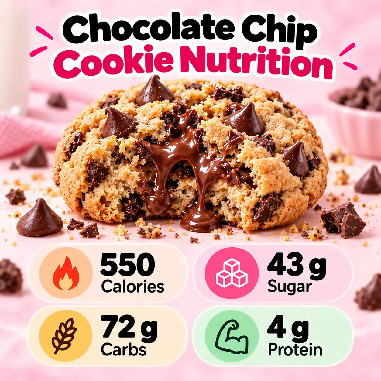 Chocolate chip cookie nutrition facts showing 550 calories, 43 grams sugar, 72 grams carbs and 4 grams protein
