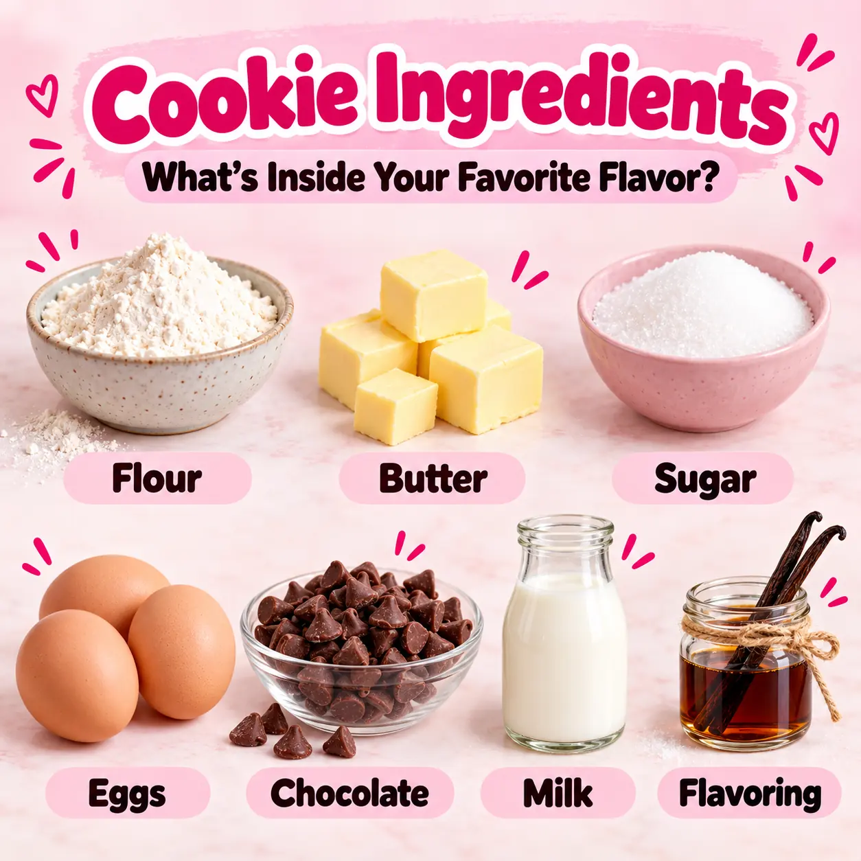Cookie ingredients infographic showing flour, butter, sugar, eggs, chocolate, milk and flavoring