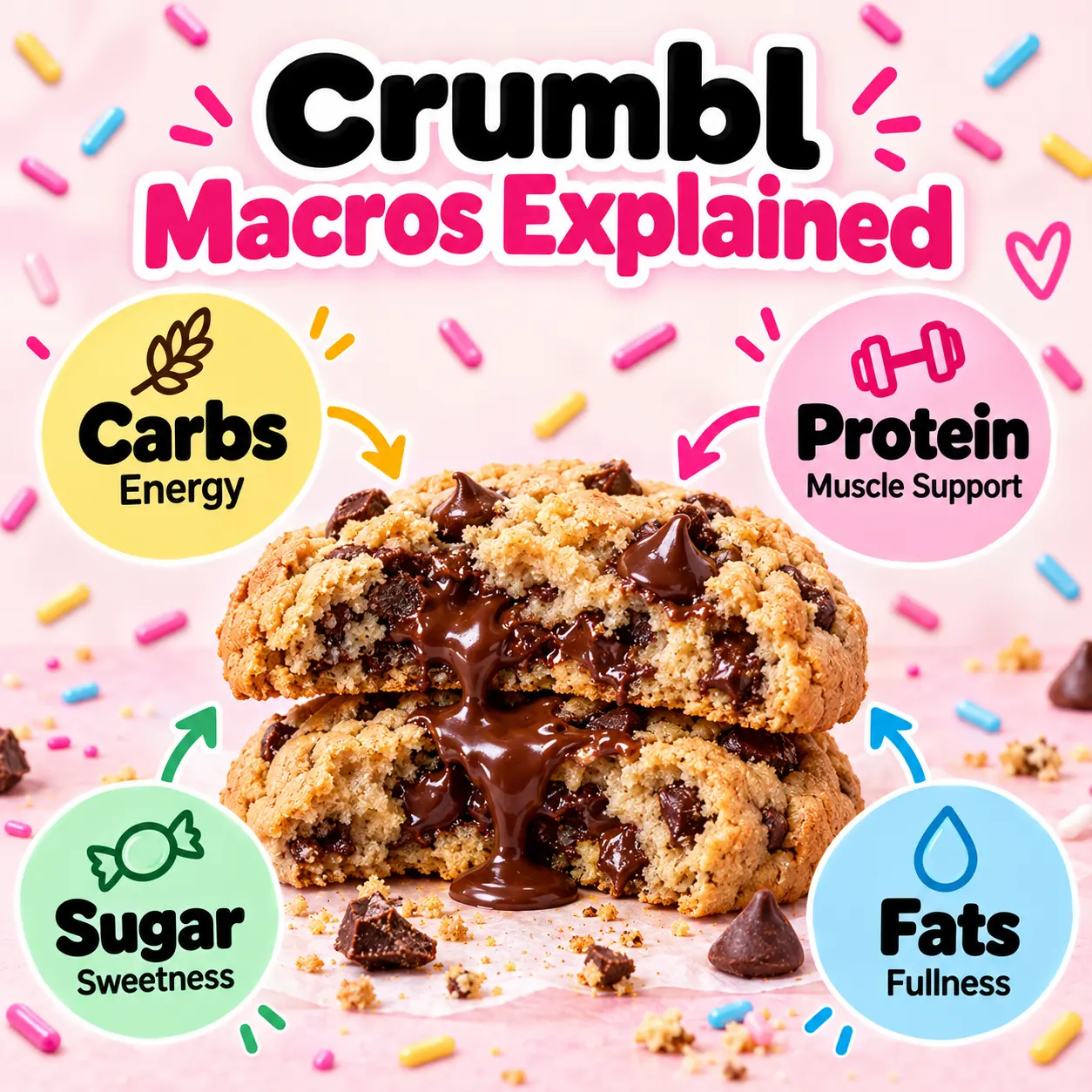 Crumbl cookie macros explained with carbs protein sugar and fats infographic