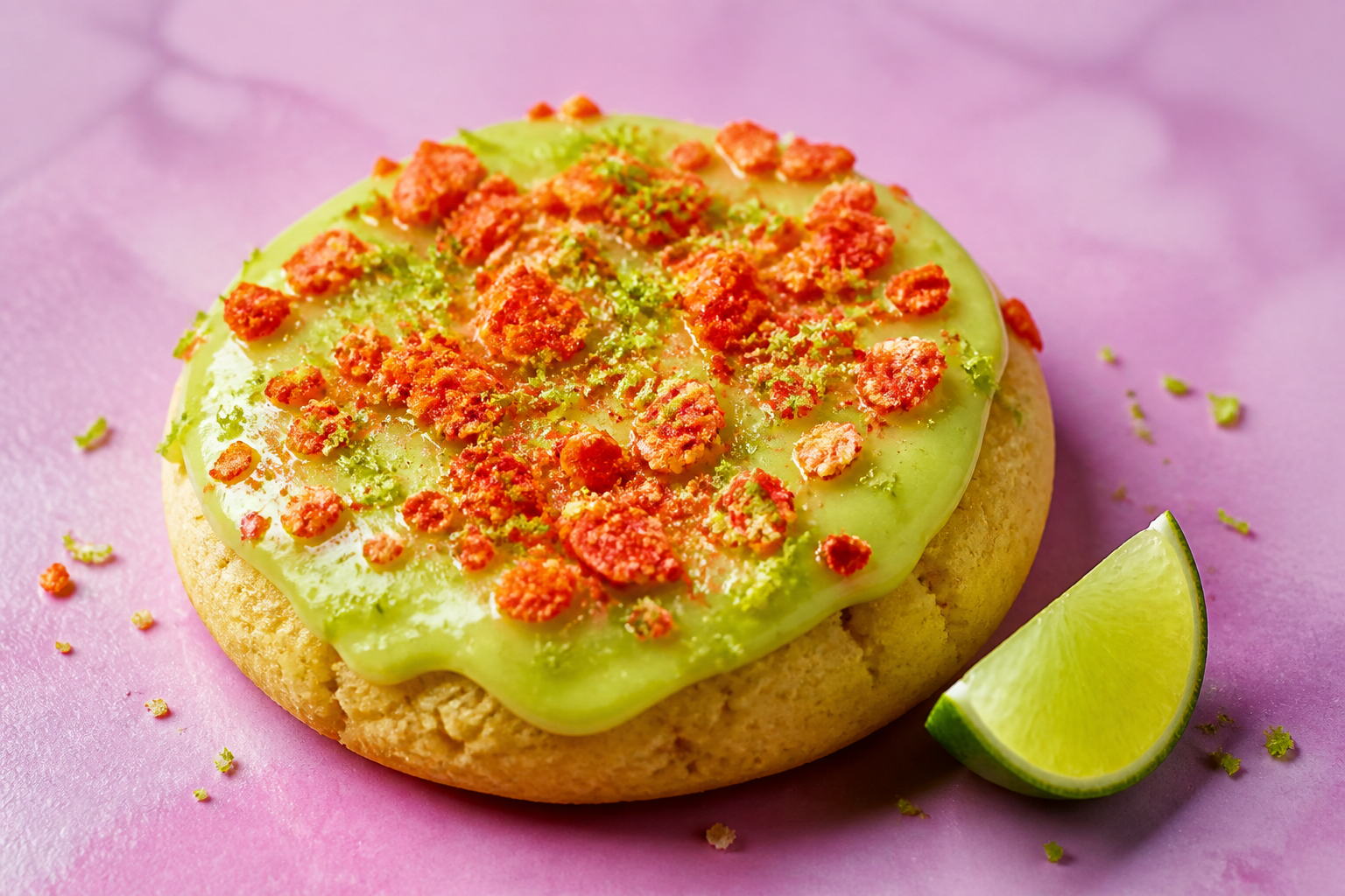 Flamin Lime Crunch Cookie with lime cream cheese frosting, spicy cheese crisp streusel and fresh lime